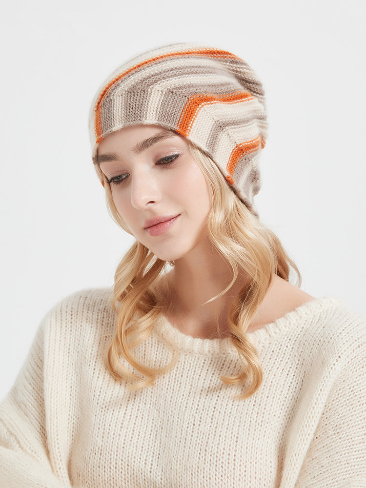 Women’s 100% Cashmere Knit Beanie Hat – Soft Winter Warm Slouchy Cap, Striped Design, 4 Colors